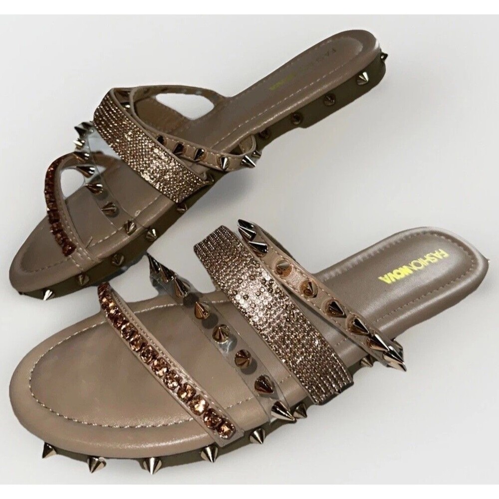 Fashion Nova Sandals 9 Flat Strap Spike Studded Rhinestones Bling Rose Gold NIB